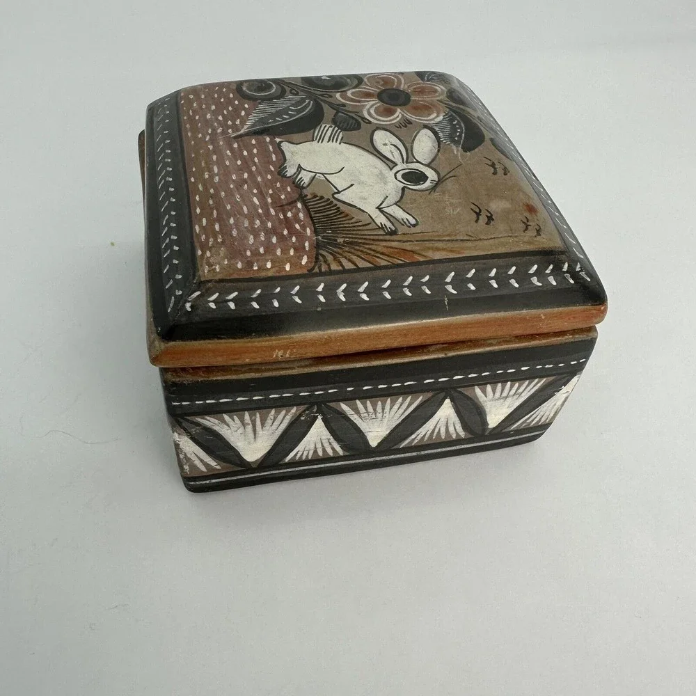 Tonala Mexico Pottery Trinket Jewelry Box Folk Art Vintage